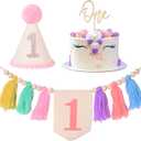 Bohemian 1st Birthday High Chair Banner Decoration Wooden Beads Tassel Colorful Cone Hat Girl Party Decoration Set with Cake Insert