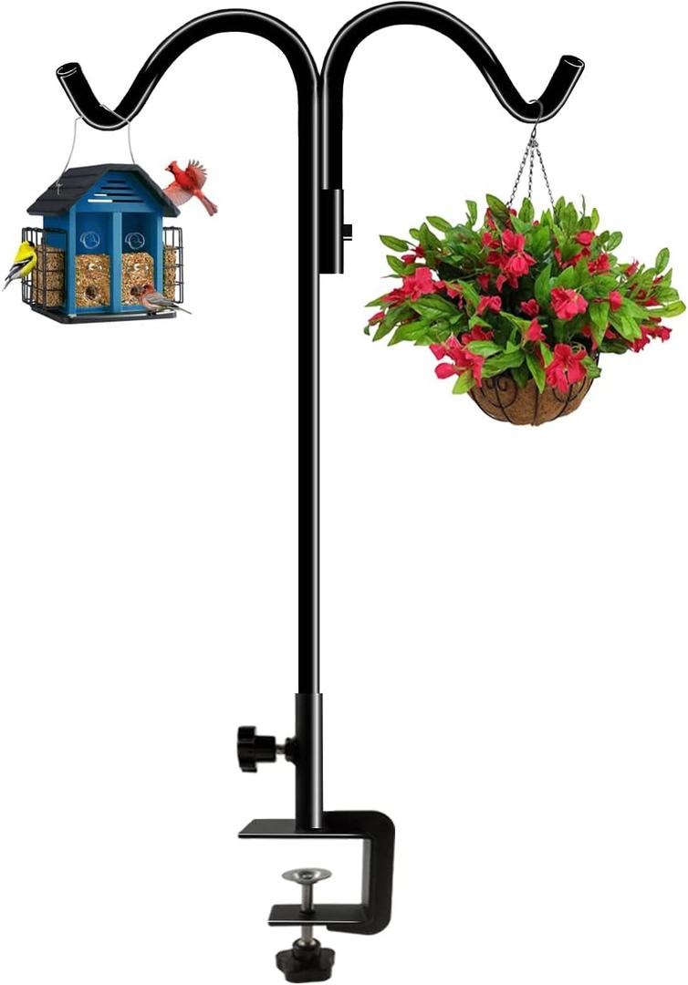 Koutemie 40 Inch Tall Double Deck Hook for Railing, Adjustable Outdoor Shepherds Hook with 2-Inch Strengthened Clamp for Hanging Plant Bird Feeder, 1 Pack