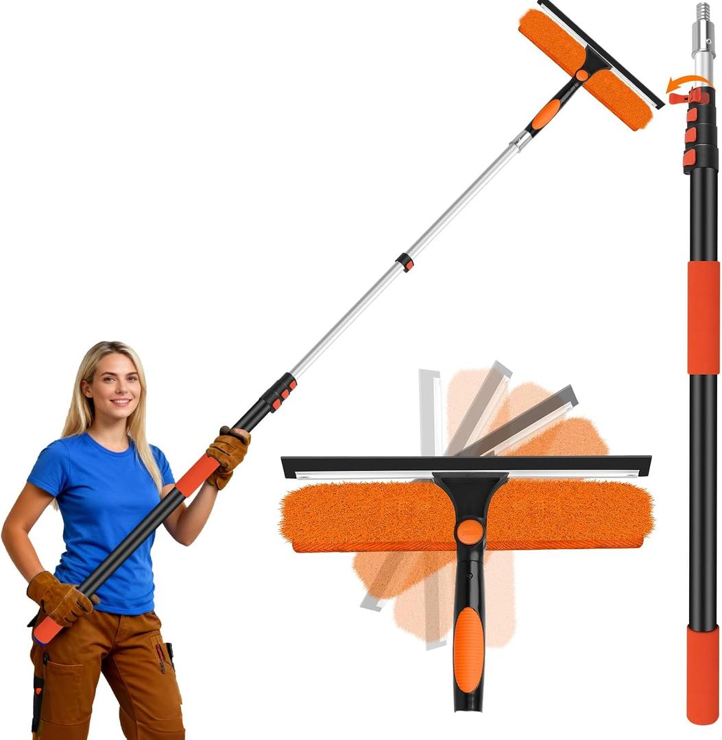 14" Extra-Wide Window Squeegee with Extension Pole, 26FT High Reach Window Cleaning Kit with- 2-in-1 Professional Window Scrubber & 5-20FT Extension Pole, for Indoor & Outdoor High Windows,RVs