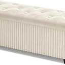 Storage Ottoman Bench, 43 Inch Foldable Ottoman with Legs, Velvet Foot Rest Stool, End of Bed Bench, Storage Chest for Living Room, Bedroom (Beige)