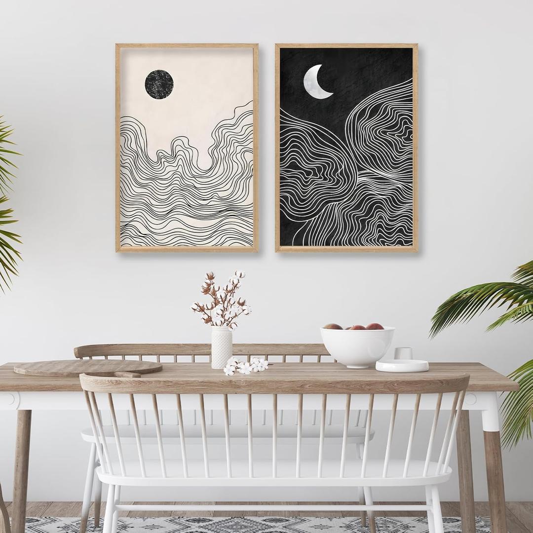 Black and White Sun Moon Boho Wall Art 16"x24" 2 Pieces Wooden Framed Mid Century Abstract Minimalist Home Sign for Living Room Bedroom Office Neutral Wall HangIing Decor (Wood)