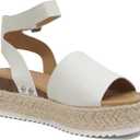 Soda Topic Open Toe Buckle Ankle Strap Espadrilles Flatform Wedge Casual Sandal (Beige)