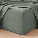 MooMee Fitted Bottom Sheet Only 100% Washed Cotton Linen Like Textured Breathable Durable Soft Comfy Deep Pocket Fits Mattress up to 17" (Heathered Green, King)