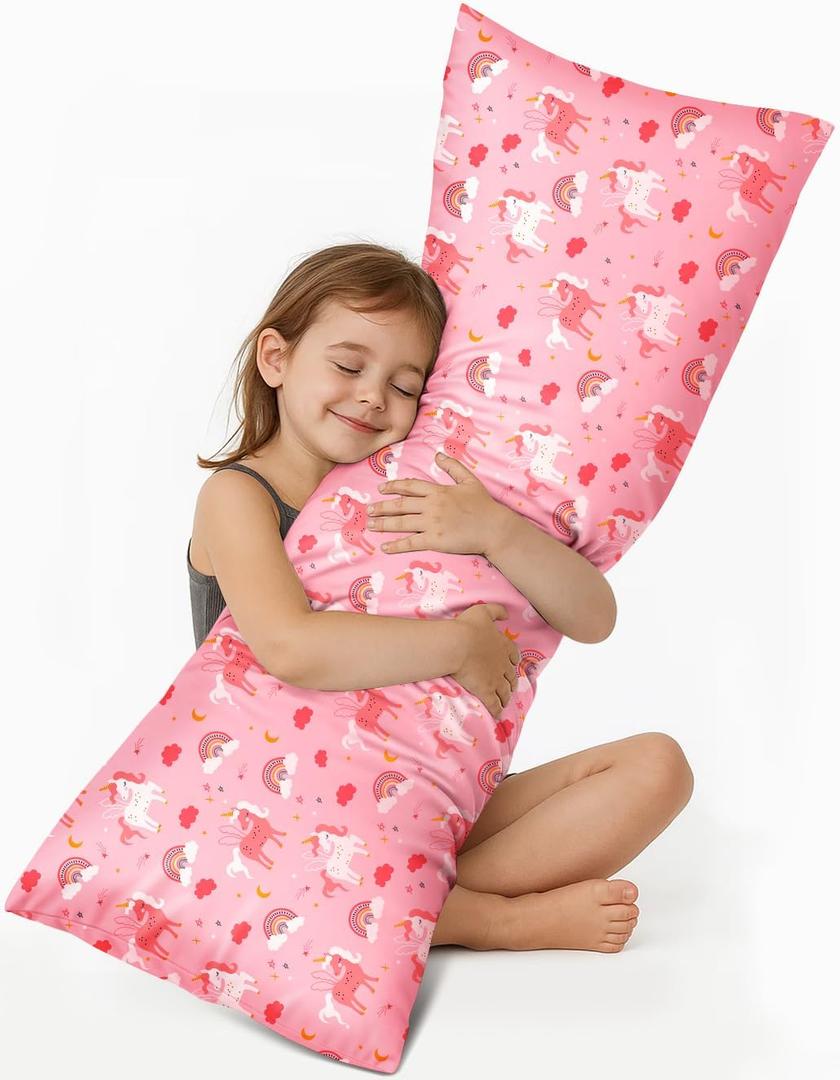 Kids Body Pillow Cover with Zipper - 20x54 Inch Long Silk Pillowcase for Kids Boys Girls Teens Soft Decorative Bed Large Cute Cartoon Body Pillow Sham for Hair and Skin, Rainbow Unicorn