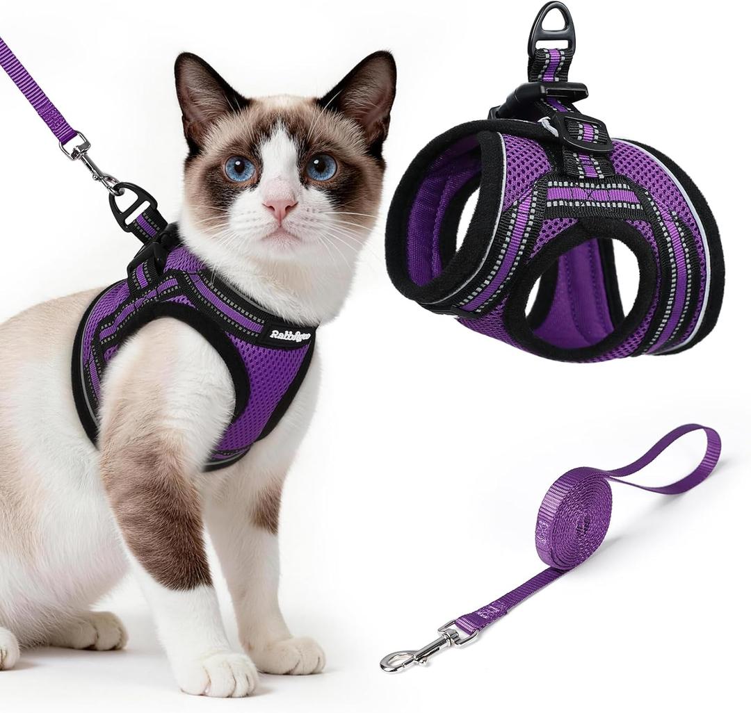 rabbitgoo Cat Harness and Leash Set for Walking Escape Proof, Adjustable Soft Kittens Vest with Reflective Strip for Cats, Comfortable Outdoor Vest, Purple, L
