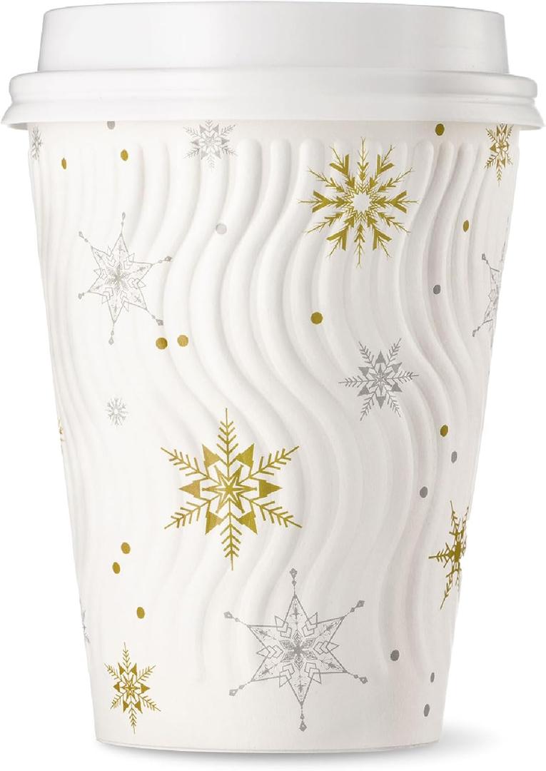 [100 SET]Harvest Pack 12 oz Christmas Coffee Cups with Lids, White Snowflake Winter Disposable Paper Cups, Insulated Ripple Wall Hot Cups, XMAS Gold and Silver Foil, Hot Chocolate To go