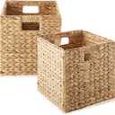 Casafield 10.5" x 10.5" Water Hyacinth Storage Baskets, Natural - Set of 2 Collapsible Cube Organizers, Woven Bins for Bathroom, Bedroom, Laundry, Pantry, Shelves