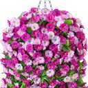 Ammyoo Artificial Fake Hanging Flowers Basket for Spring Decor, Faux Silk Flower in Planter for Summer, Outdoor Artificial Floral for Home Porch Yard(Double Lotus)