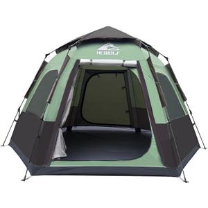 Hewolf 2-4 Person Camping Tent - Instant Pop Up Waterproof 2 Doors Tent with Easy Setup | 3-Season Hexagonal Dome Design for Family, Hiking & Traveling