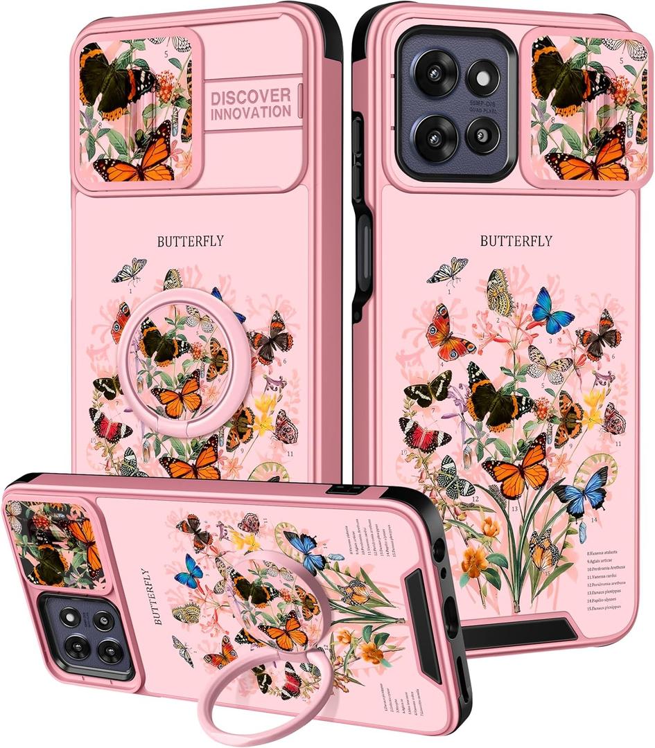 for Moto G Power 5G 2025, for Moto G Play 2025 Case - Women Girls Cute Phone Cover Girly Pretty Butterfly Floral with Camera Cover and Ring Stand Case for Motorola G Power 5G 2025/G Paly 2025