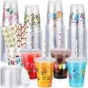 48 Pack 12 oz Hawaii Luau Cups with Lids and Straws Clear Disposable Pineapple Cups Tiki Tropical Palm Tree Flamingo Cups for Hawaiian Summer Beach Party,Tropics