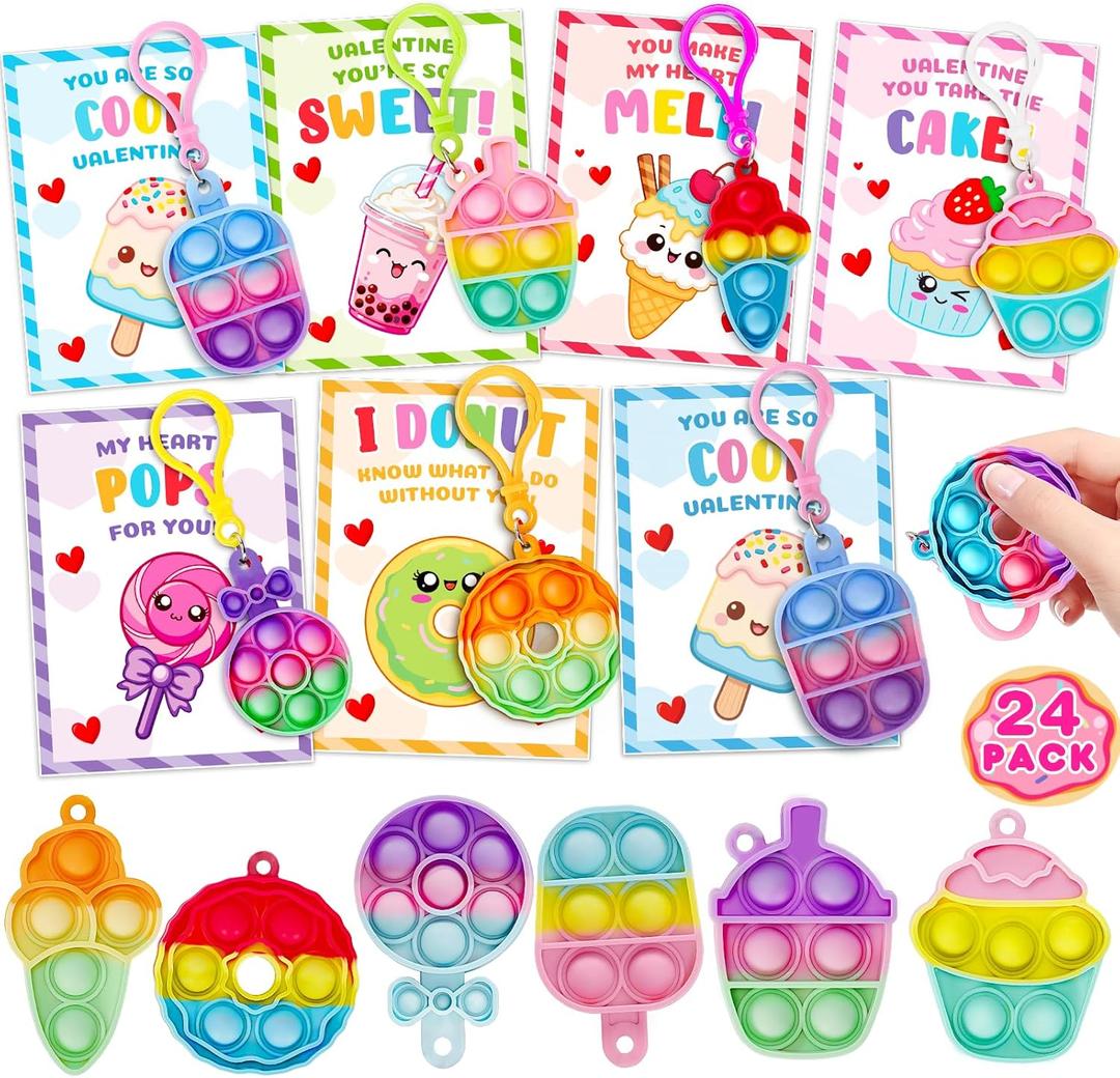 Valentines Cards for Kids Classroom, 36 Pack Valentines Gifts for Kids School with Pop Fidget Keychains, Toddler School Valentines Gifts Exchange , Ideal Valentines Party Favors Supply for Boys Girls