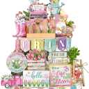 35 Pieces Flower Colored Wooden Gnome Tiered Tray Decor, Spring Wood Signs, Fresh Flower Truck Trays for Home, Farmhouse, Rustic Home Decor