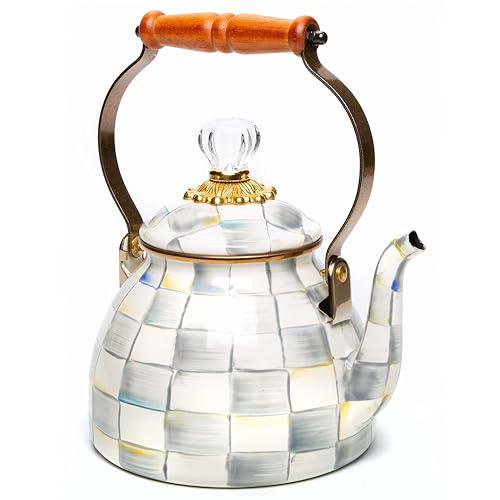 MACKENZIE-CHILDS Enamel Tea Kettle, Stylish Tea Kettle for Stovetop, Grey-and-White Sterling Check, 2 Quarts