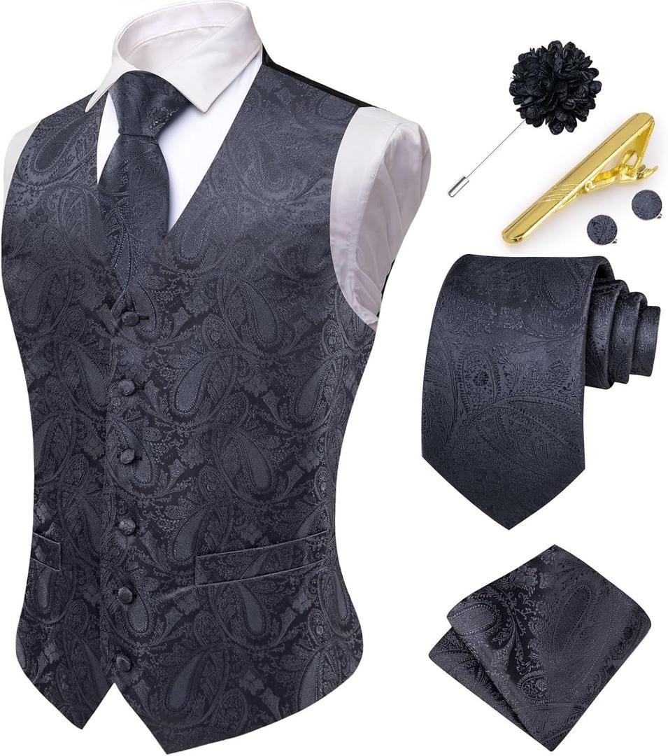 Hi-Tie Mens Suit Vest and Tie Set V-Neck Silk Paisley Formal Waistcoat Necktie Pocket Square Set for Wedding (Small, Dark Grey) Hi-Tie Mens Suit Vest and Tie Set V-Neck Silk Paisley Formal Waistcoat Necktie Pocket Square Set for Wedding (Small, Dark Grey)