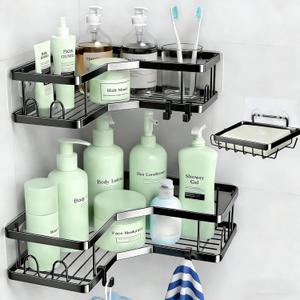 Rustproof Corner Shower Caddy 3 Pack,Stainless Steel Bathroom Storage Accessories,Durable No Drilling Shower Organiser,Adhesive Bathroom Shelves with Soap Holder Set,Black