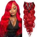 RED Long Wave Clip in Hair Extensions,18 Inch Soft Real Human Hair,Wine Red Long Wave Clip ins 120g 7pcs Per,Brazilian Double Weft Remy Human Hair Extensions.