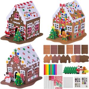 Elcoho 3 Sets of Gingerbread House DIY Craft Kit 3D Christmas Foam Stickers Decorations Party Crafts Decorations for Christmas Party Favors Project Art and Craft DIY Kit