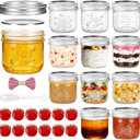 8 oz Wide Mouth Mason Jars with Embossing Pattern&Volume Marks,12 Pack Half Pint Canning Jars with Tags & Brush,Glass Storage Jars with Lids for Yogurt,Overnight Oats,Food Storage,Gift Giving & Crafts