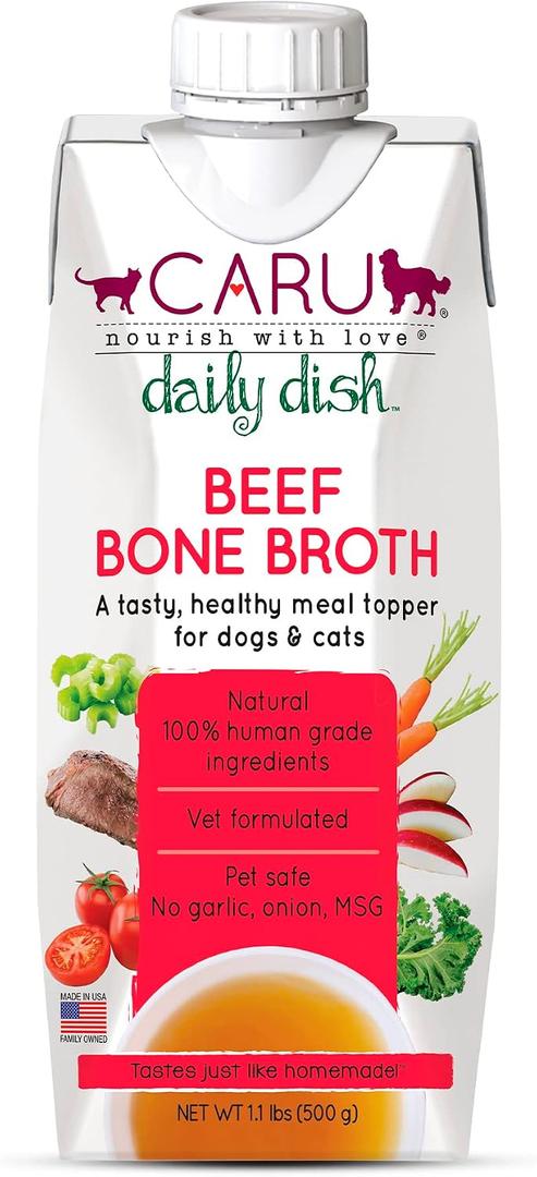 Caru - Daily Dish Beef Bone Broth - Meal Topper for Dogs & Cats - Supports Overall Pet Health - Pour-Over Broth for Wet/Dry Food - Human Grade Ingredients - Non-GMO - Made in USA - 17.6 oz - 1 Pack (EXP 05/18/26)