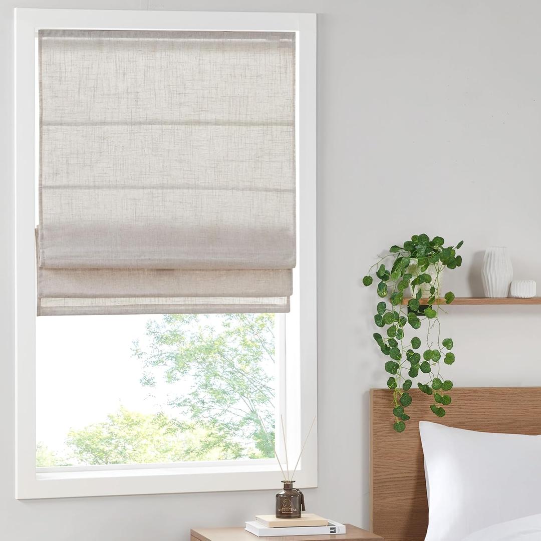 Madison Park Kyler Cordless Roman Shades - Single Panel, Lightweight Linen Blend Fabric, Natural Design, Easy Installation, Light Filtering Window Blind, Bedroom, Living Room Decor 34"W x 64"H Natural