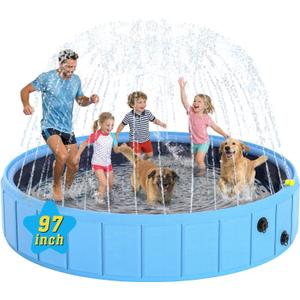 Foldable Dog Pool with Sprinkler, 97 in Extra Large Dog Swimming Pool, 2-in-1 Outdoor Collapsible Pet Bathing Tub for Pets Dogs Kids