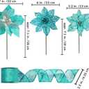Winlyn 26 Set 3 Style Christmas Glitter Poinsettia Flowers Picks Xmas Tree Ornaments and 2 Rolls 20 Yards Decorative Wired Ribbon for Christmas Tree Wreath Garland (Teal)