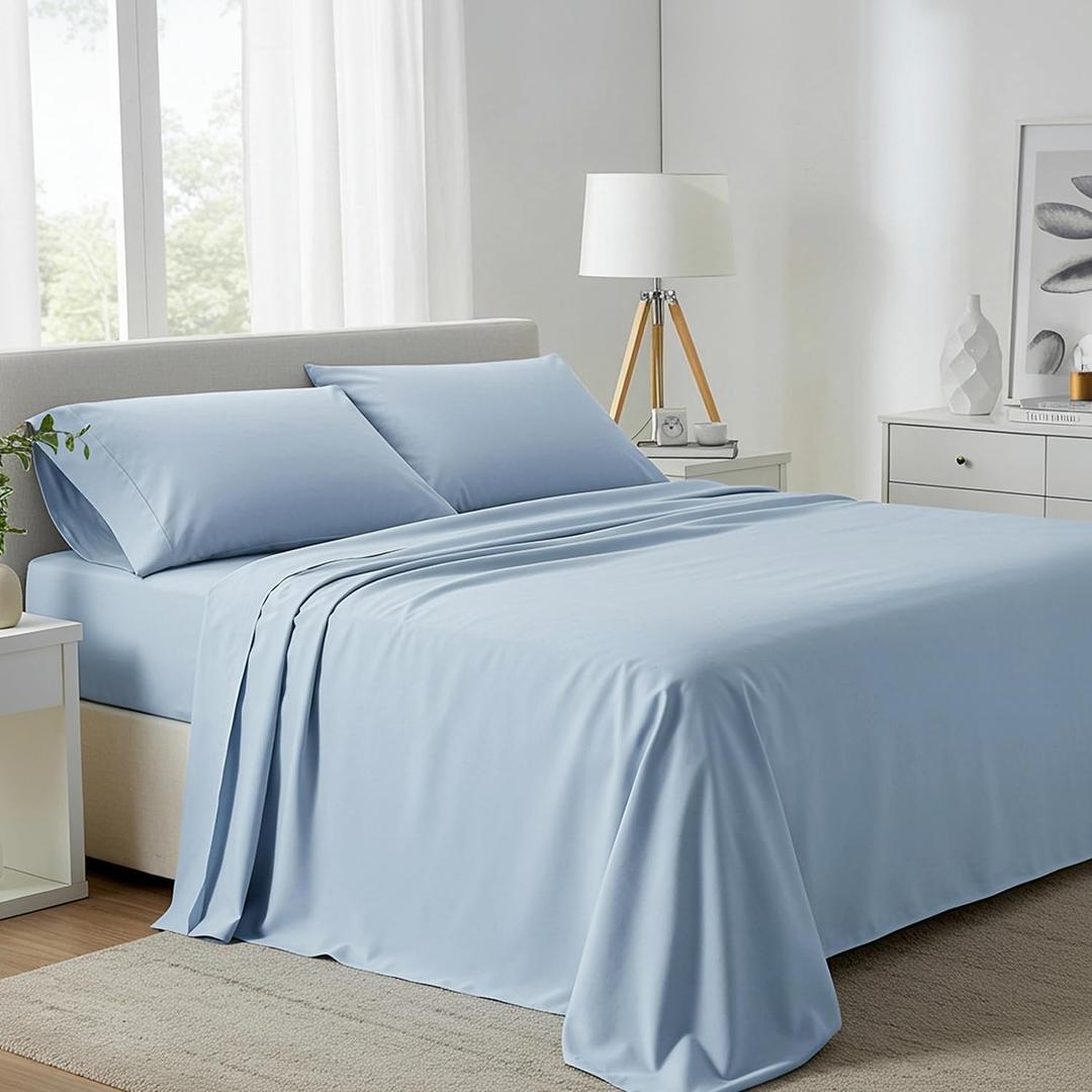 Carressa Linen 100% Egyptian Cotton Full Size Bed Sheets Set - 800 High Thread Count Egyptian Cotton Sheets Full Size (4 PC, Sky Blue), Soft, Cooling, 16" Deep Pocket Sateen Weave Luxury Bed Sheet