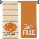2Pcs Orange Stripe Dot Pumpkin Hello Fall Kitchen Towels Fall Kitchen Decor for Home Autumn Thanksgiving Harvest Gifts Waffle Weave Dish Tea Hand Towels for Farmhouse Kitchen Bathroom 14 x 23 Inches
