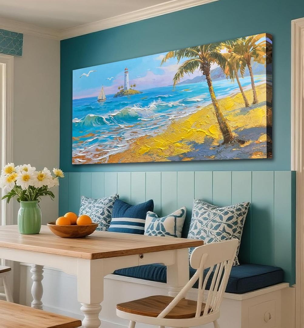 Brushart Beach Nautical Wall Art for Living Room Large Coastal Bedroom Pictures Paintings Wall Decor Ocean Textured Artwork for Dining Room Walls Home Office, 48"x24"