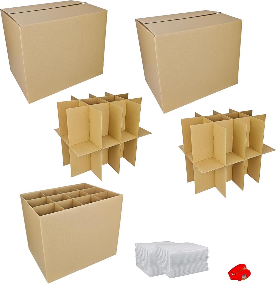 2 Sets Moving Boxes with Divider Kits,16 x 12 x 13 Inch Glassware Dish Packing Box Kitchen Moving Box Corrugate Dividers with 48 Pcs Foam Pouches,1 Pcs tape rolls with dispenser(Two Layer)