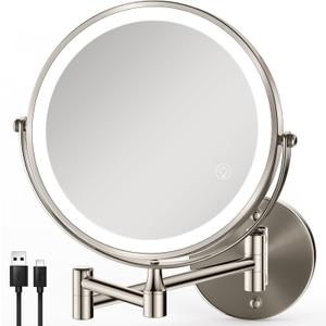 Rechargeable Wall Mounted Makeup Mirror Brushed Nickel, 8.5'' Magnifying Mirror with Lights Double-Sided 1X/10X 360 Rotation Extension Bathroom Shaving Mirror with Foldable Arm