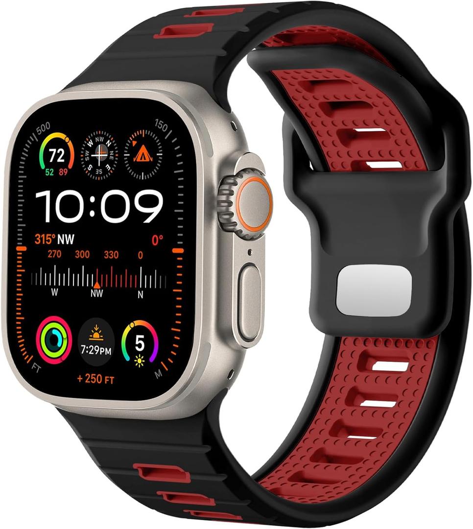 Odbeai Sport Band Compatible with Apple Watch Ultra 2 3/Ultra Band,Compatible with Apple Watch Bands for Men 49mm 46mm 45mm 44mm 42mm,Waterproof Silicone Strap for iWatch Bands All Series SE 11 10 9-1 (Black/Red)