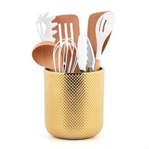 Ceramic Utensil Holder for Kitchen Counter, Gold Utensil Holder for Countertop, 5.1 W x 6.6 H inches