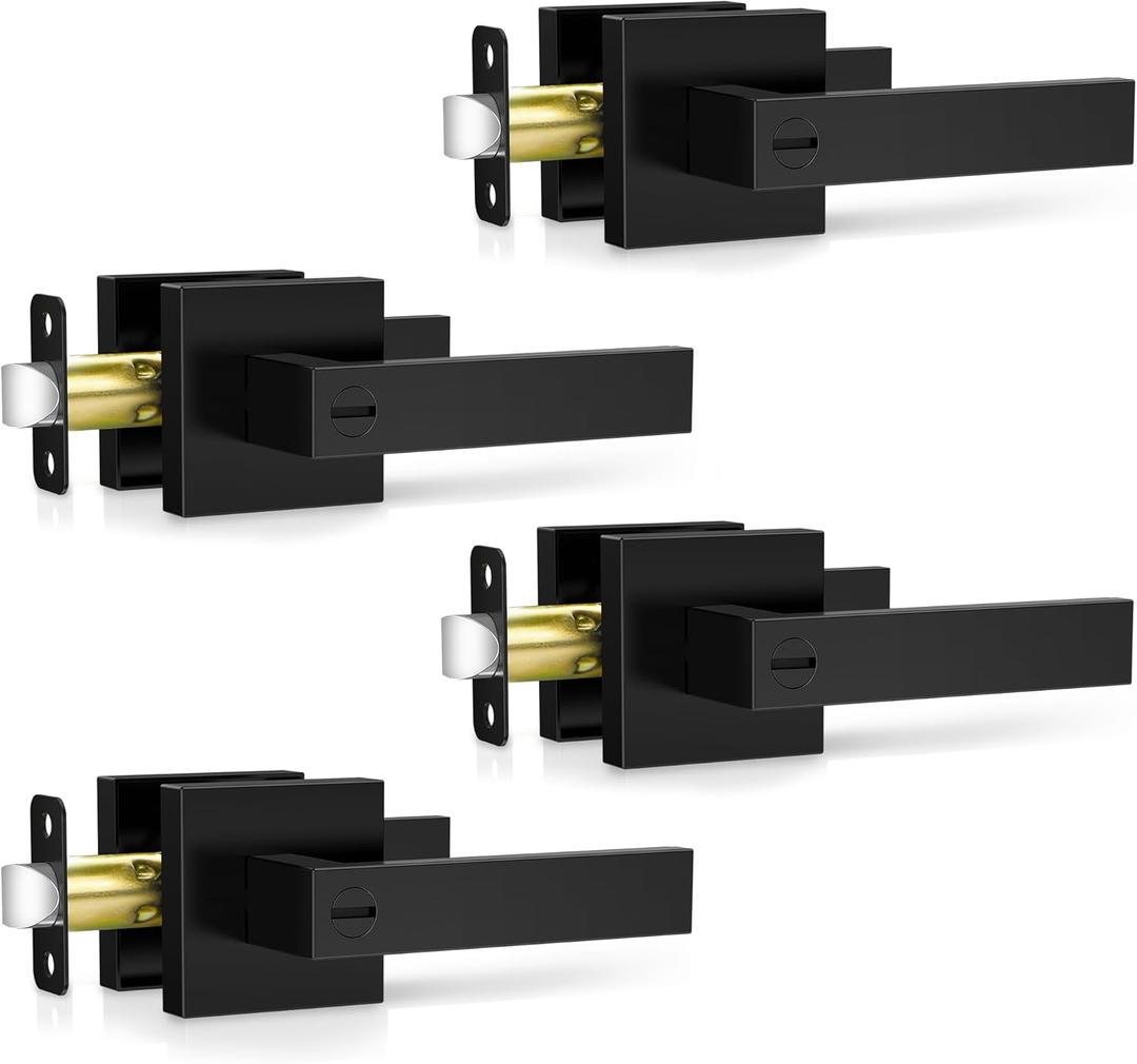 Plustool 4 Pack Matte Black Door Handles, Keyless Interior Door Knobs, Privacy Door Lever Locksets for Bedroom Bathroom, Heavy Duty Square Door Lock, Reversible for Left&Right Handled Doors