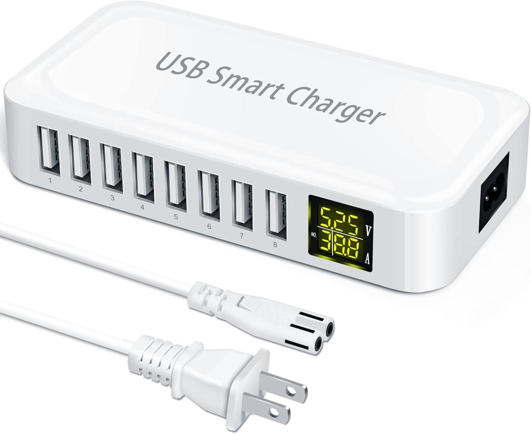 USB Charging Station, Ziwodiv 8-Port 60W/12A Charger Station, Multi Ports USB-A Charging Hub with LED Display, Compact Desktop Charger for Multiple Devices, iPhone iPad Samsung Android and Tablet (White)