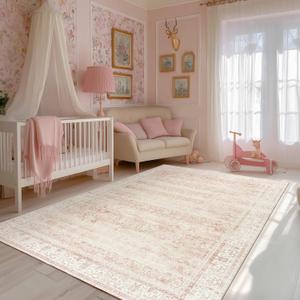Light Pink Bedroom Rugs 6x9 Vintage Distressed Aesthetic Cute Boho Floral Feminine Low Pile Soft Carpet Machine Washable Stain Resistant Area Rugs for Kids Room Nursery Playroom Office 6 x 9