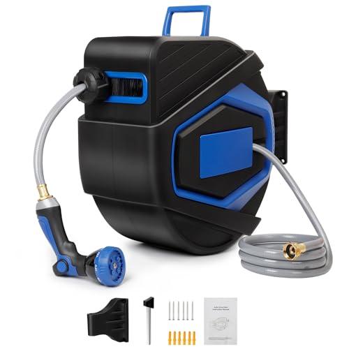 Retractable Garden Hose Reel 1/2" x 100 ft, Outdoor Water Hose Reel, Automatic Self Retract Wall Mounted Hose Reel, Any Length Lock, 180°Swivel Bracket, 8-pattern nozzle,Blue