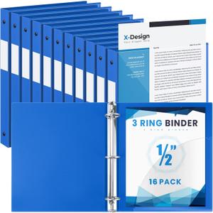 Henoyso 16 Pack 1/2 Inch 3 Ring Binder with Clear Cover Fit Letter Size 8.5" x 11" Paper Holds 140 Sheets, Bulk Binders for Organizing School, Office & Classroom Documents, 1 Pocket (Blue)