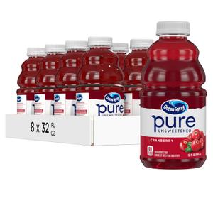 Ocean Spray Pure Unsweetened Cranberry, 100% Cranberry Juice From Concentrate, 32 Fl Oz Bottle (Pack of 8) Best By 01/13/27