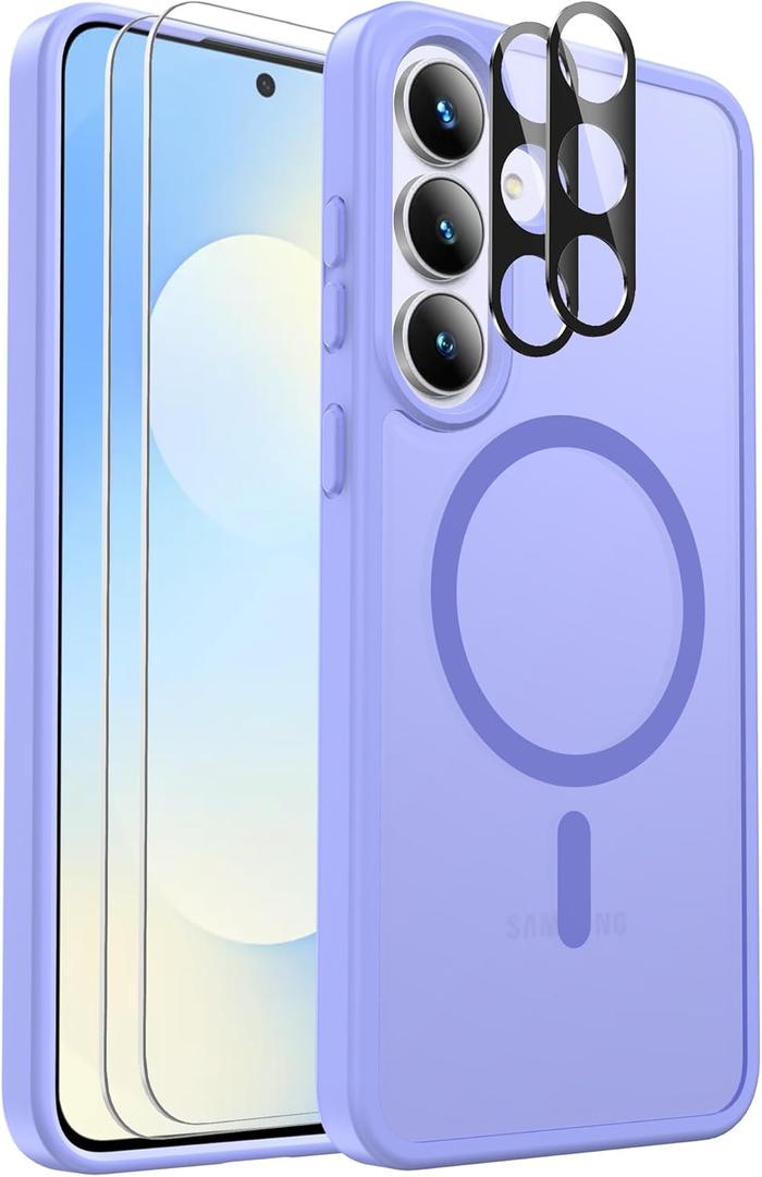 Ezanmull for Samsung Galaxy S25 FE Case Magnetic Shockproof, [Fit for MagSafe] [Glass Screen Protector + Camera Lens Protector] Translucent Anti-Fingerprint (Light Purple)