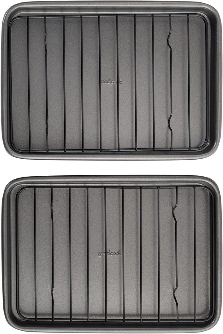 GoodCook Set of 2 Nonstick Steel 9" x 6" Toaster Oven Mini Baking Sheets with Racks, Gray