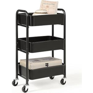 3-Tier Delicate Compact Rolling Metal Storage Organizer - Mobile Utility Cart Kitchen/Under Desk Cart with Caster Wheels - BLK