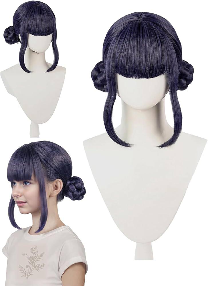 TIKJOYS Wig Cap + Dark Purple Wigs with Braided Buns for Women Short Black Purple Costume Wigs with Bangs for Cosplay 2 Braid Buns Cosplay Wigs for Halloween Party Costume Anime Outfit