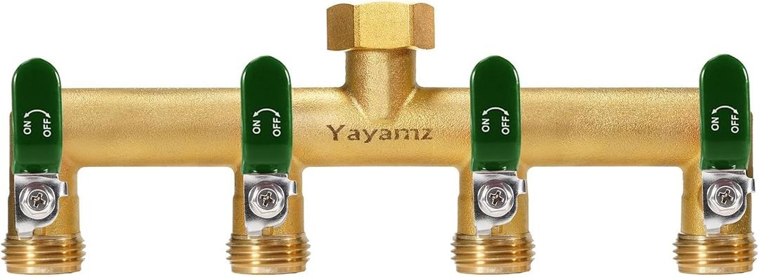 Garden Hose Splitter, 3/4 Rust and Freeze Resistant Outdoor Hose Manifold with 4 green Extra Long Handles Faucet Adapter-Heavy Duty Brass 4-Way Valve