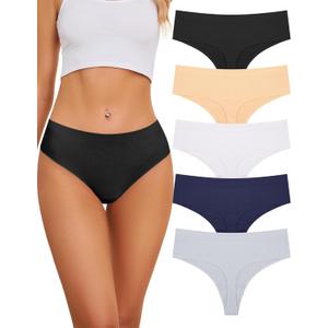 Voenxe Seamless Women Underwear Thongs,High Waisted No Show Ladies Panties,Breathable Comfy Active Hi Rise Cut Undies,5-Pack (Basics), XL