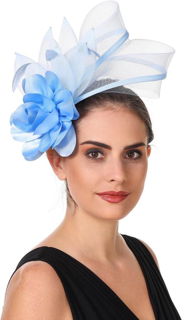 SAFERIN Fascinators Hat Flower Mesh Ribbons Feathers on a Headband and a Clip Tea Party Headwear for Girls and Women (Blue)