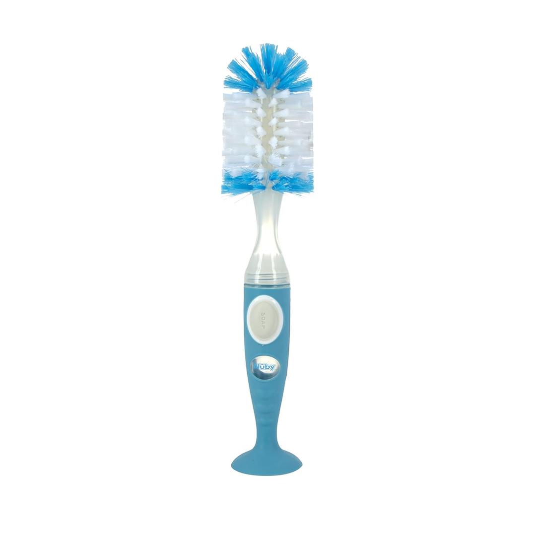 Nuby Easy Clean Dispensing Soft and Durable Bristle Bottle Brush with Textured Handles and Suction Base, 2 in 1 System, Blue