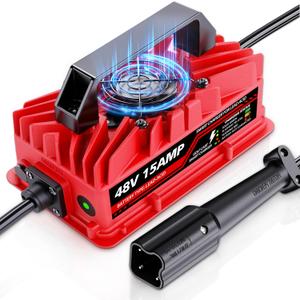 15 Amp 48 Volt Golf Cart Battery Charger for Yamaha G29 Drive & Drive 2-3-Pin Leaf Plug, Smart Charger for Lead-Acid Batteries, IP67 Waterproof, Multi-Protection, Unique Design (Red)