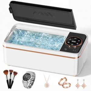 Ultrasonic Jewelry Cleaner, 50KHz Professional Ultrasonic Cleaner with Display, 304 Stainless Steel 14OZ Large-Capacity Washing Chamber for Necklaces, Eyeglasses, Dentures (Includes Storage Bag)